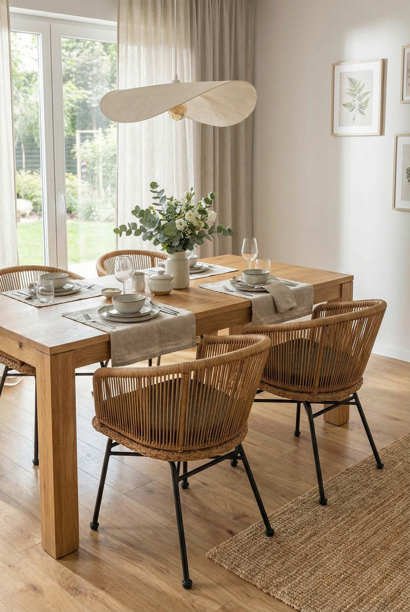 Aranżacja jadalni z krzesłem rattanowym z poduszką Parmes