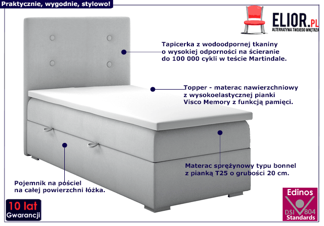 Pojedyncze tapicerowane łóżko boxspring z pojemnikiem Rilla