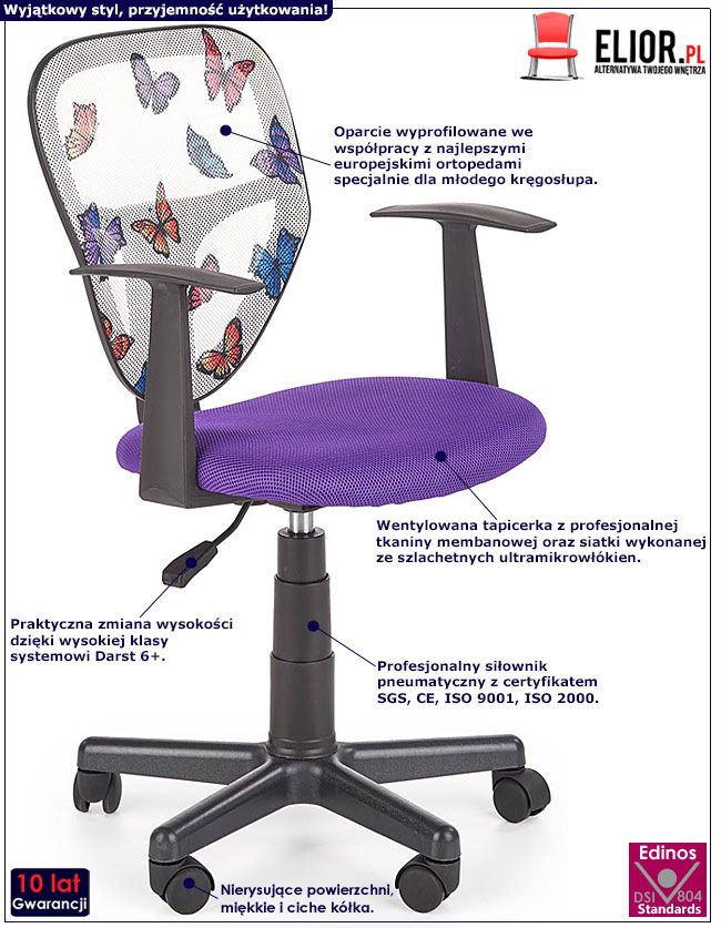 Fotel obrotowy dla dziewczynki w motylki Wazi