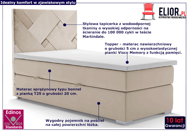 Pojedyncze tapicerowane łóżko boxspring z pojemnikiem Lefika