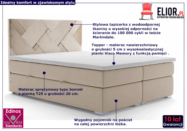 Łóżko hotelowe boxspring z zagłówkiem i schowkiem na pościel Lefika