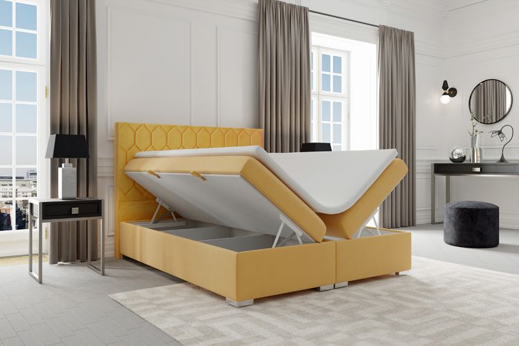 Łóżko hotelowe boxspring z zagłówkiem i schowkiem na pościel Kallis