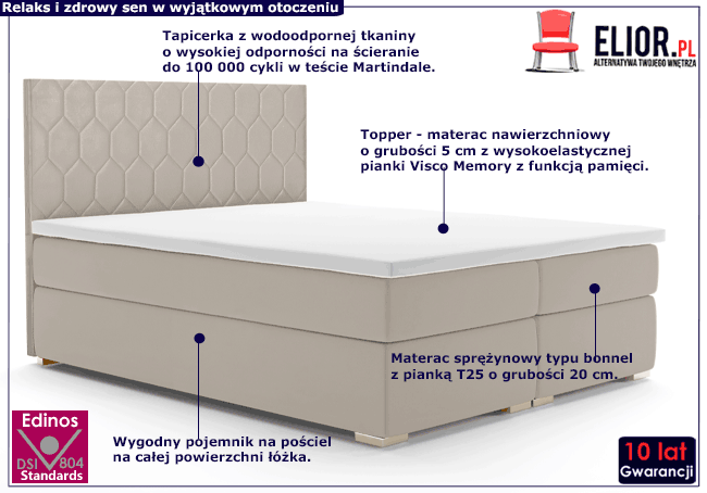 Tapicerowane kontynentalne łóżko z pojemnikiem Kallis