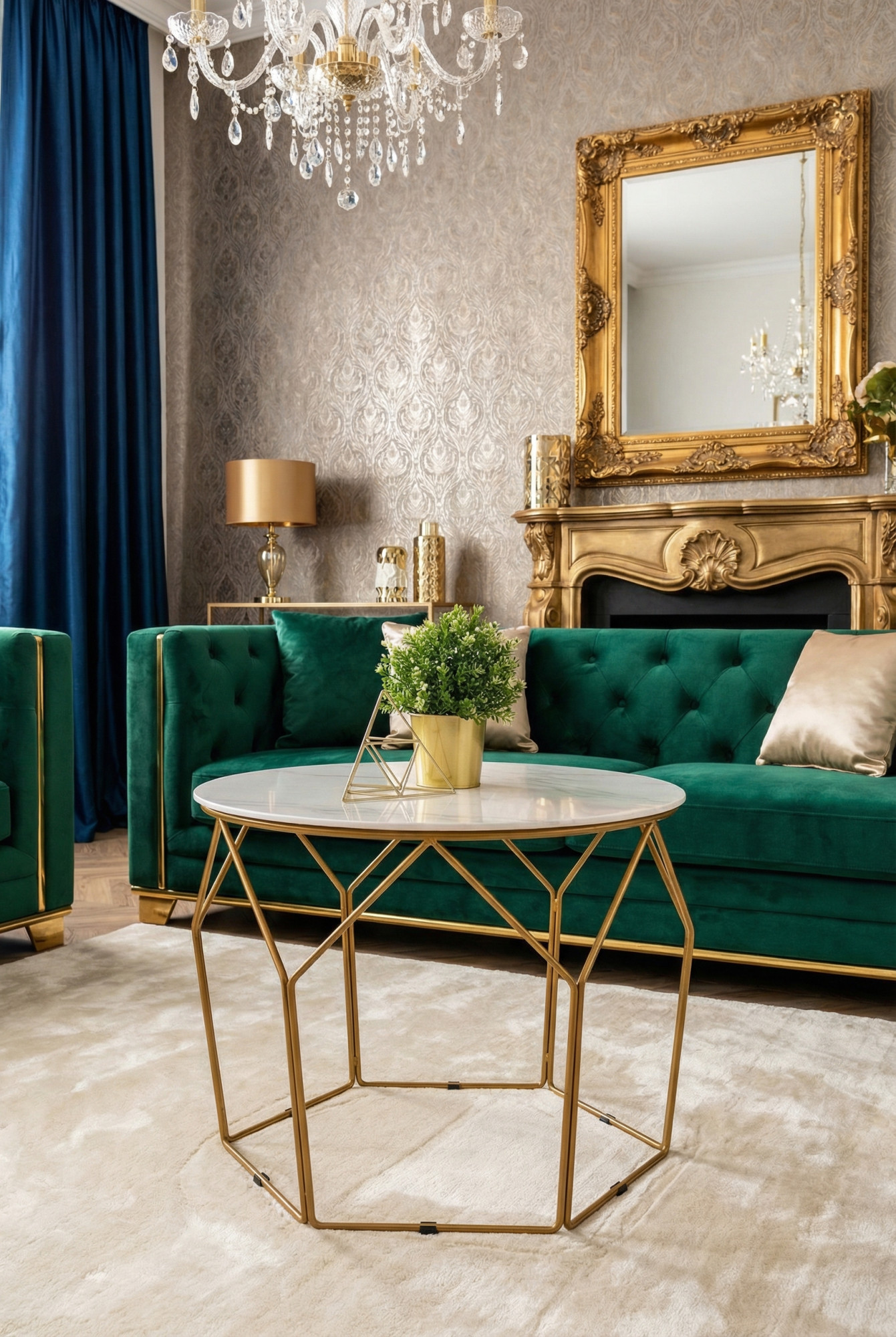 Elegancki salon w stylu glamour z okrągłym marmurowym stolikiem Connor