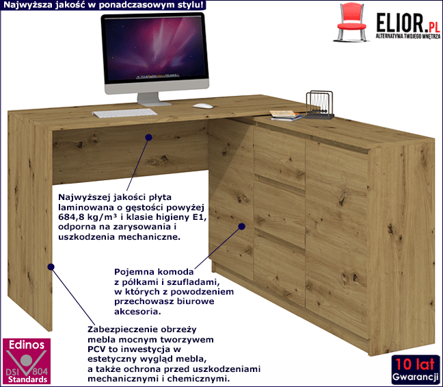 Nowoczesne biurko z komodą Luvis 4X dąb artisan