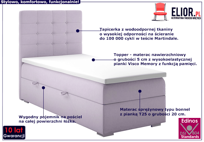 Tapicerowane łóżko kontynentalne z pojemnikiem Lagos