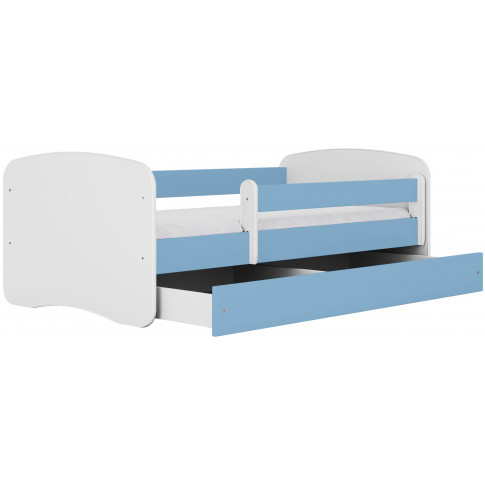 niebieskie łóżko z materacem i barierką happy 2x