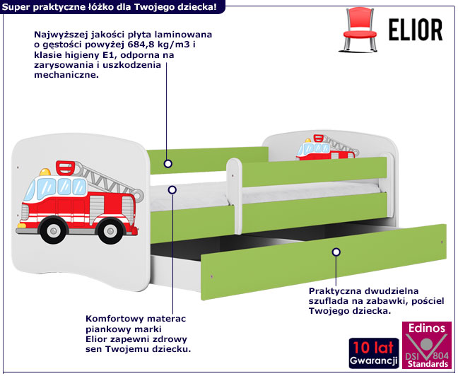 Zielone łóżko dla dziecka ze strażą pożarną Happy 2X mix