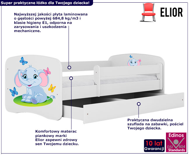Białe łóżko dziecięce ze słonikiem Happy 2X mix