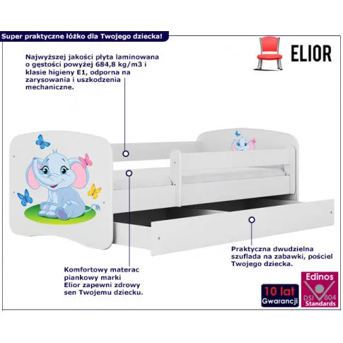 infografika białego łóżka dla dziewczynki słonik happy mix 2x
