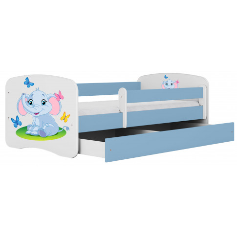 niebieskie łóżko dla dziecka chłopca słonik z szufladą na pościel happy mix 2x