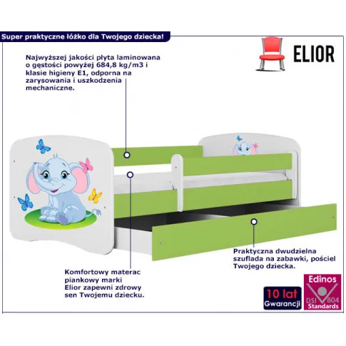 zielone łóżko dziecięce ze słoniem dla dziewczynki happy mix 2x