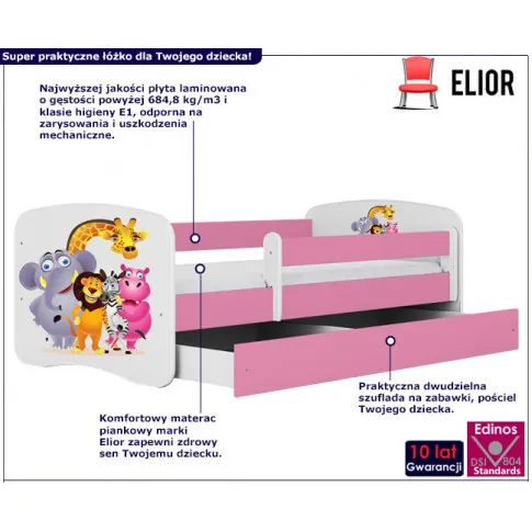 infografika różowego łóżka dla dzieci happy 2x mix zoo zwierzeta