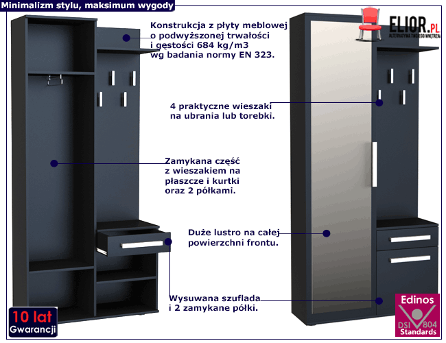 Czarna szafa z lustrem do przedpokoju Kaya 2X