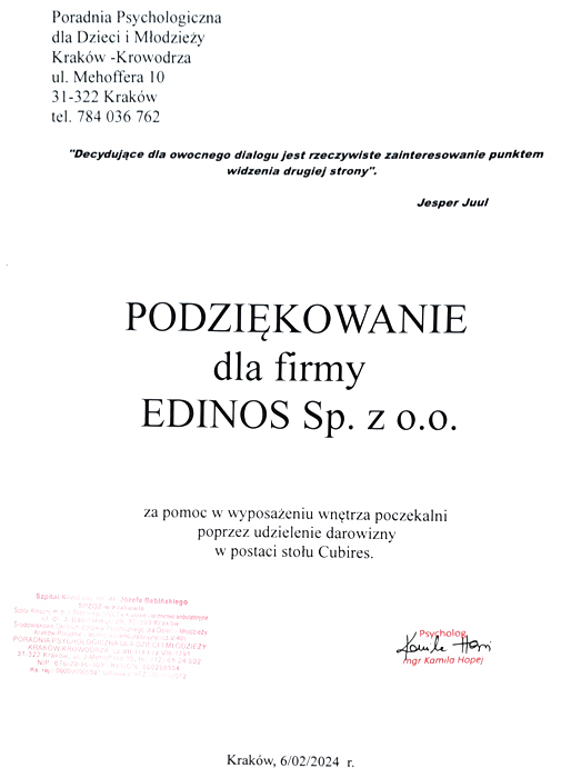 podziękowanie za darowiznę
