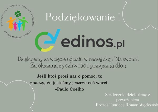 Podziękowania od fundacji dla Edinos.pl