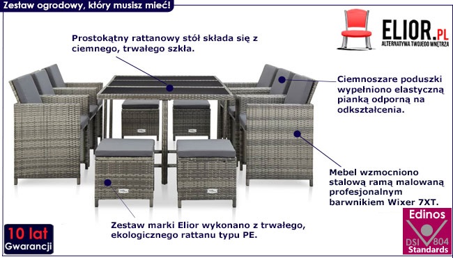 Produkt 11-cz. szary zestaw rattanowy do ogrodu – Cindy 4X