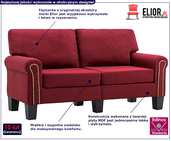Luksusowa dwuosobowa sofa czerwone wino Moana 2X