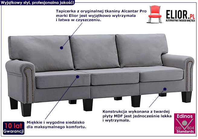 Luksusowa trzyosobowa sofa jasnoszara Alaia 3X