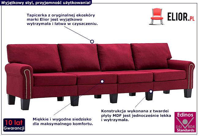 Luksusowa czteroosobowa sofa czerwona Alaia 4X