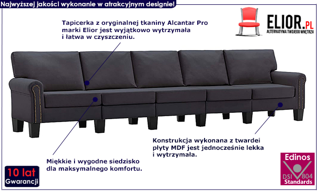 Dekoracyjna 5-osobowa ciemnoszara sofa Moana 5X