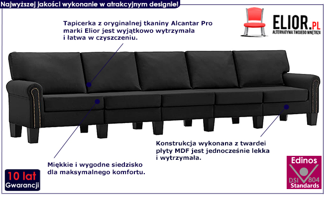 Dekoracyjna 5-osobowa czarna sofa Moana 5X