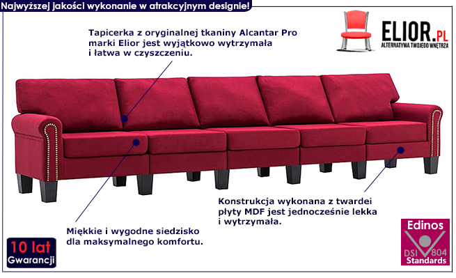 Dekoracyjna 5-osobowa sofa czerwona Alaia 5X