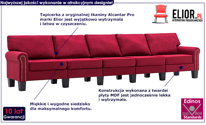 Dekoracyjna 5-osobowa sofa czerwona Dionas 5X
