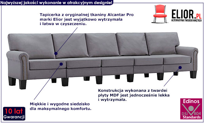 Dekoracyjna 5-osobowa jasnoszara sofa Alaia 5X