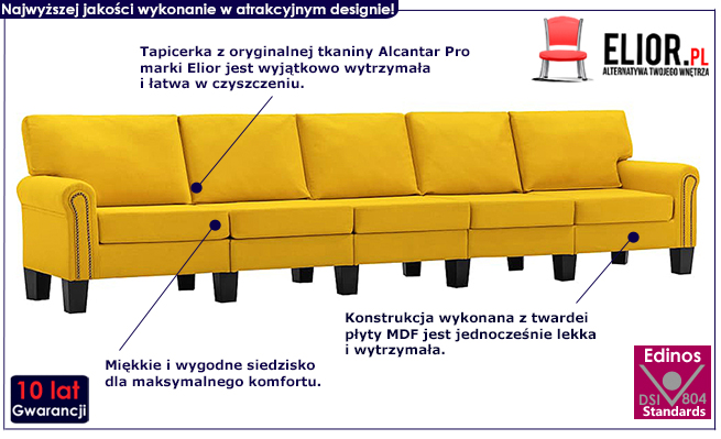 Dekoracyjna 5-osobowa żółta sofa Dionas 5X