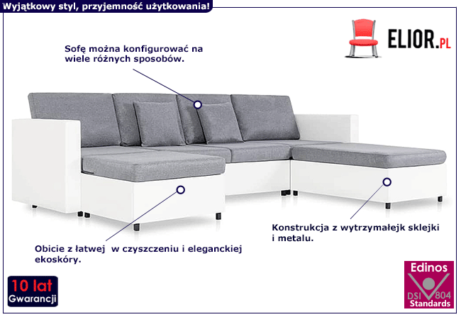 Biała sofa z jasnoszarymi poduszkami Amira 4Q