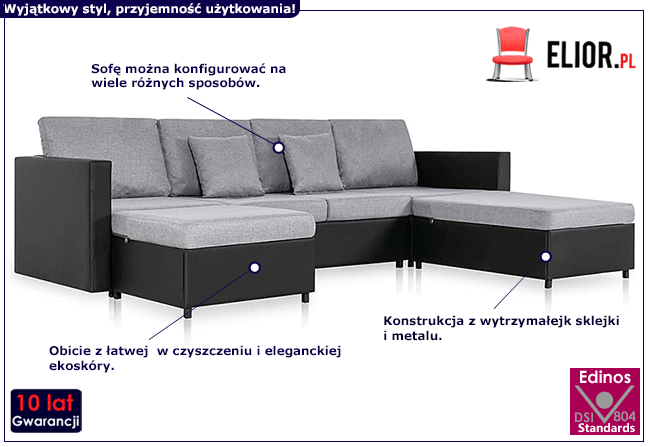 Czarna sofa z jasnoszarymi poduszkami Umika 4Q