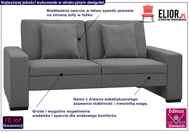 Dwuosobowa rozkładana szara sofa Fadira 2S