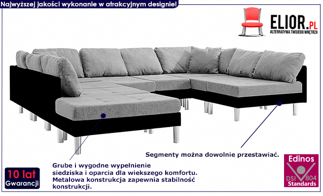 Sofa modułowa czarno-jasnoszara z ekoskóry Basket