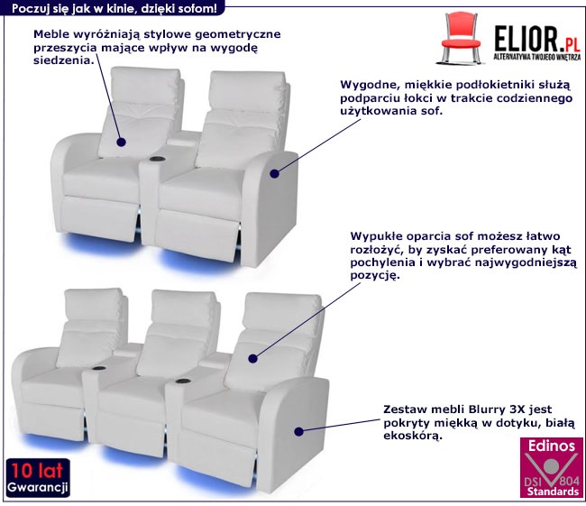 Produkt Białe fotele kinowe z LED 2 + 3-osobowe – Tanzanix 3X