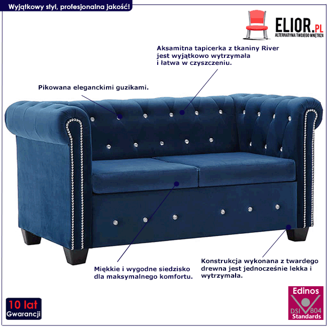 Produkt Aksamitna sofa w stylu Chesterfield Charlotte 2Q - niebieska