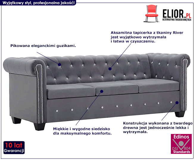 Produkt Aksamitna sofa w stylu Chesterfield Charlotte 3Q - szara