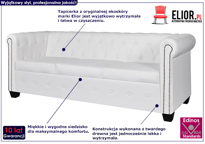 3-osobowa biała sofa Chesterfield Charlotte 3Q