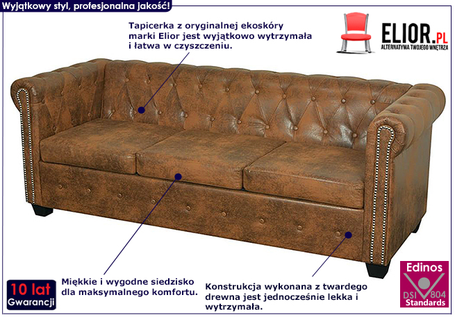 Brązowa sofa Chesterfield Charlotte 3Q 