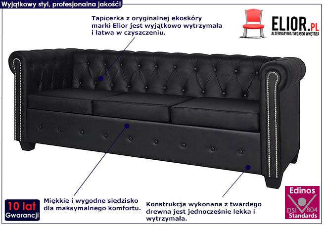 3-osobowa czarna sofa Chesterfield Charlotte 3Q