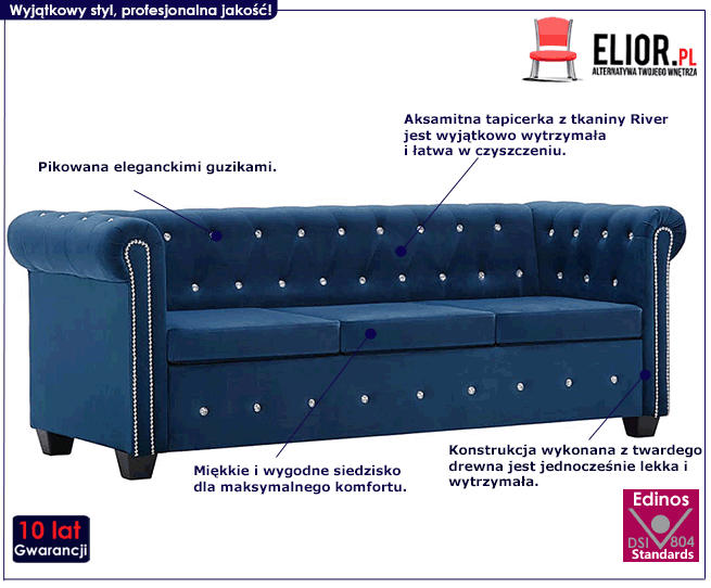 Produkt Aksamitna sofa w stylu Chesterfield Charlotte 3Q - niebieska