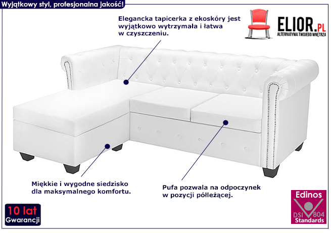 Sofa Charlotte 4Q w stylu Chesterfield, biała