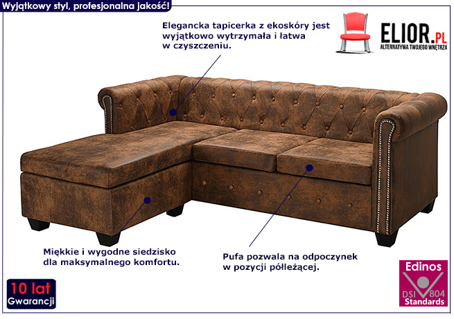 Sofa Charlotte 4Q w stylu Chesterfield, brązowa