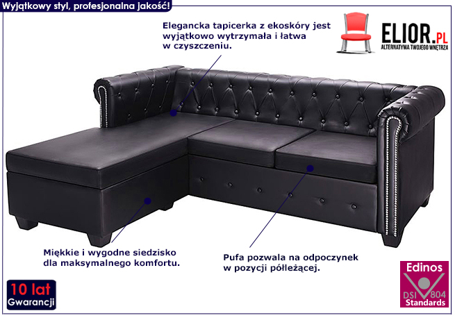 Sofa Aurelo 4Q w stylu Chesterfield, czarna