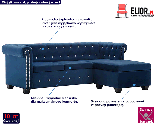 Produkt Aksamitny narożnik w stylu Chesterfield Xavier 4Q - niebieski