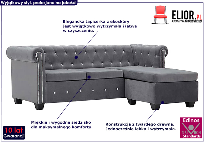 Sofa Charlotte 4Q w stylu Chesterfield, szara