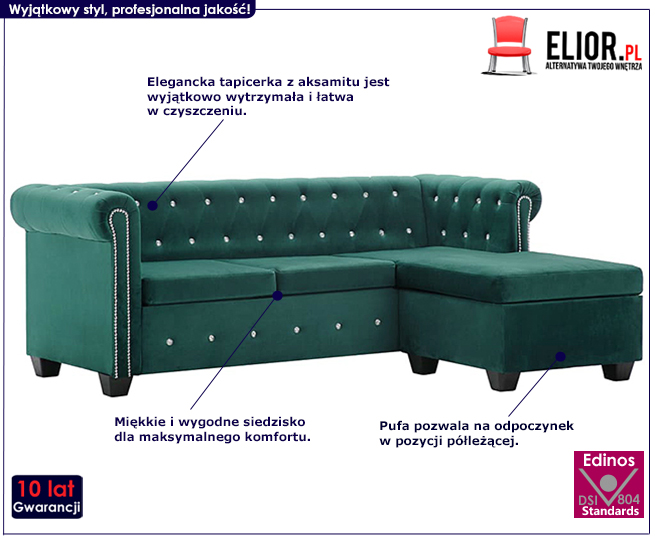 Produkt Aksamitny narożnik w stylu Chesterfield Charlotte 4Q - zielony