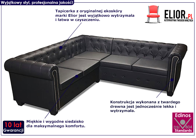 5-osobowy czarny narożnik Chesterfield Charlotte 5Q