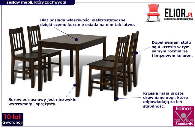  Ciemnobrązowy zestaw stół i 4 krzesła – Ellen 