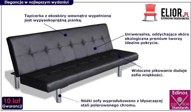 Produkt Czarna kanapa rozkładana z ekoskóry – Wally 